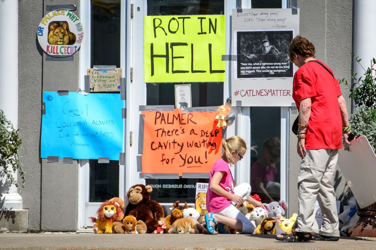 Protesters leave signs and stuffed animals in front of Dr. Walter Palmer's dental practice in Bloomington, Minn., this week.