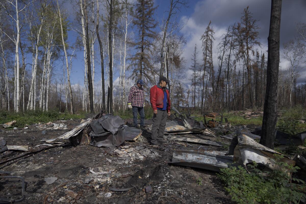 Two people look at what remains of a cabin destroyed by wildfires in the woods.