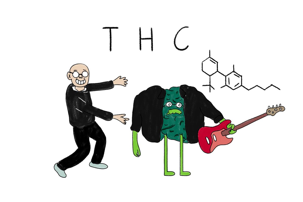 A cartoon cannabis bud holds a guitar.