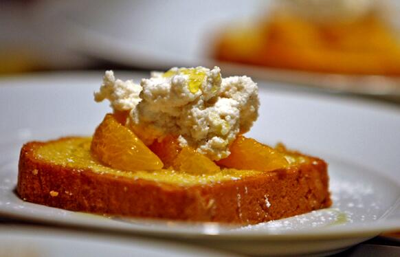 Olive oil cake, oranges and ricotta cheese dessert at the Corson Building restaurant.