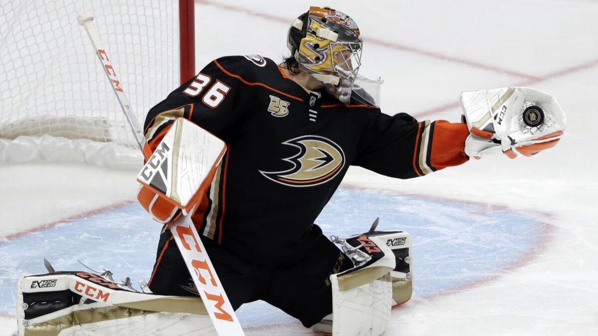 Ducks goaltender John Gibson (36) stops a shot against the Arizona Coyotes during the third period.