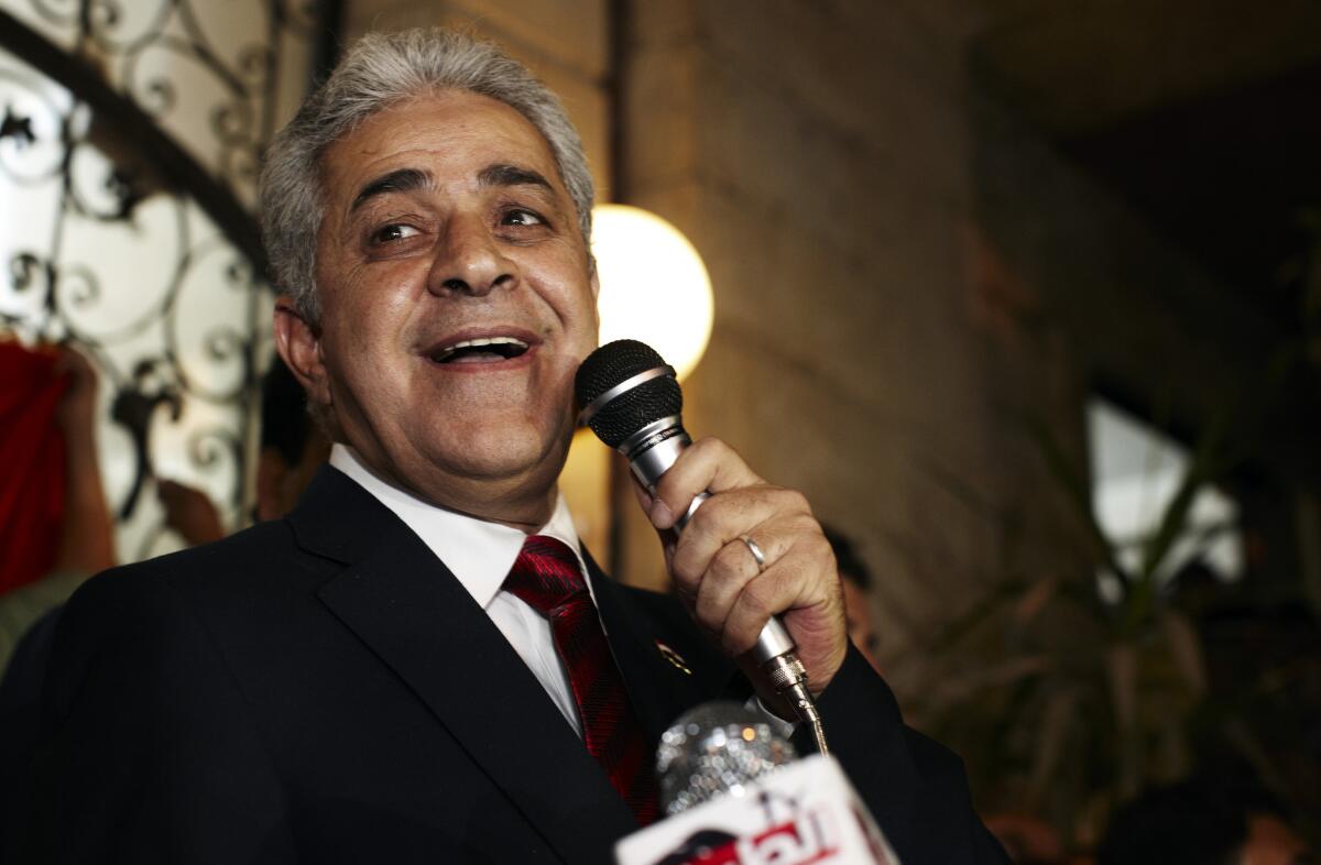 In May 2012, Egyptian presidential candidate Hamdeen Sabahi comments on election results at a news conference in Cairo. On Saturday, he announced another bid for the presidency in an election scheduled for April.