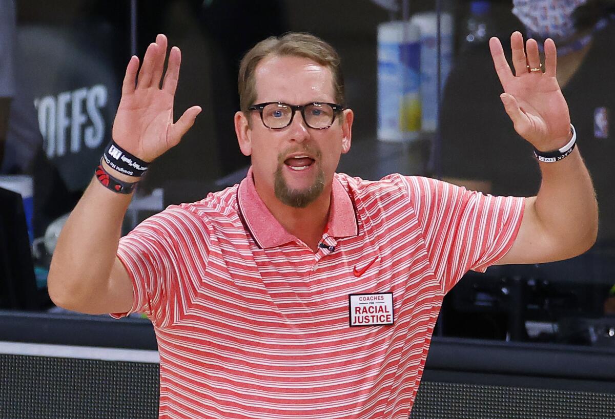 Toronto Raptors coach Nick Nurse gestures during Game 1 of a first-round playoff series against Brooklyn on Aug. 17, 2020.