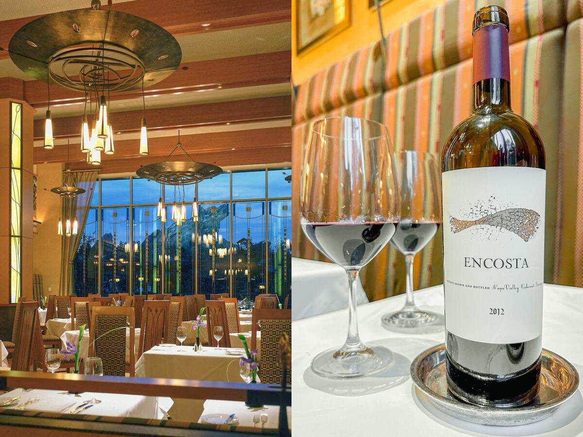 Large windows overlook tables at Napa Rose restaurant, left, and a bottle of wine from its cellars, right.