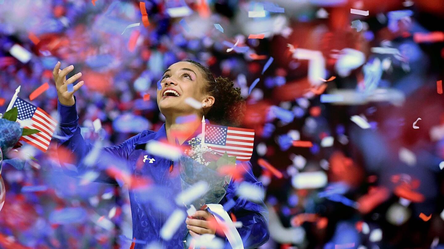 Lauren Hernandez celebrates after making the U.S. Olympic team.