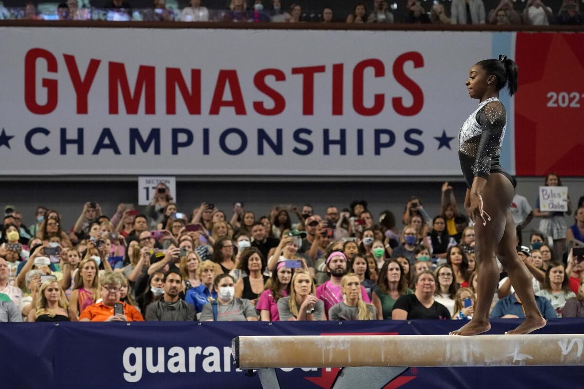 Simone Biles competes on the balance beam during the U.S. Gymnastics Championships.