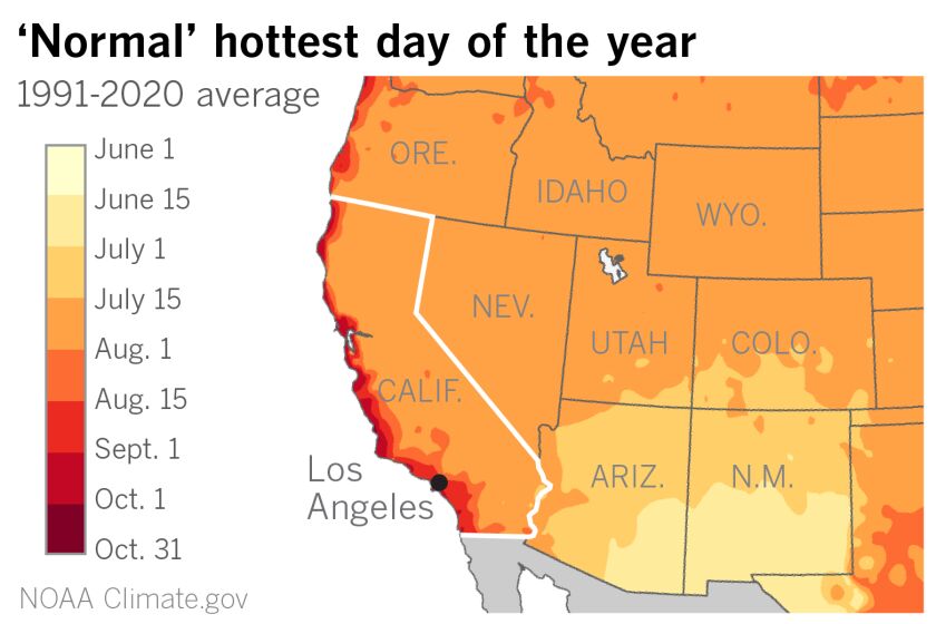 Map showing when 'normal' hottest day of the year occurs in the West.