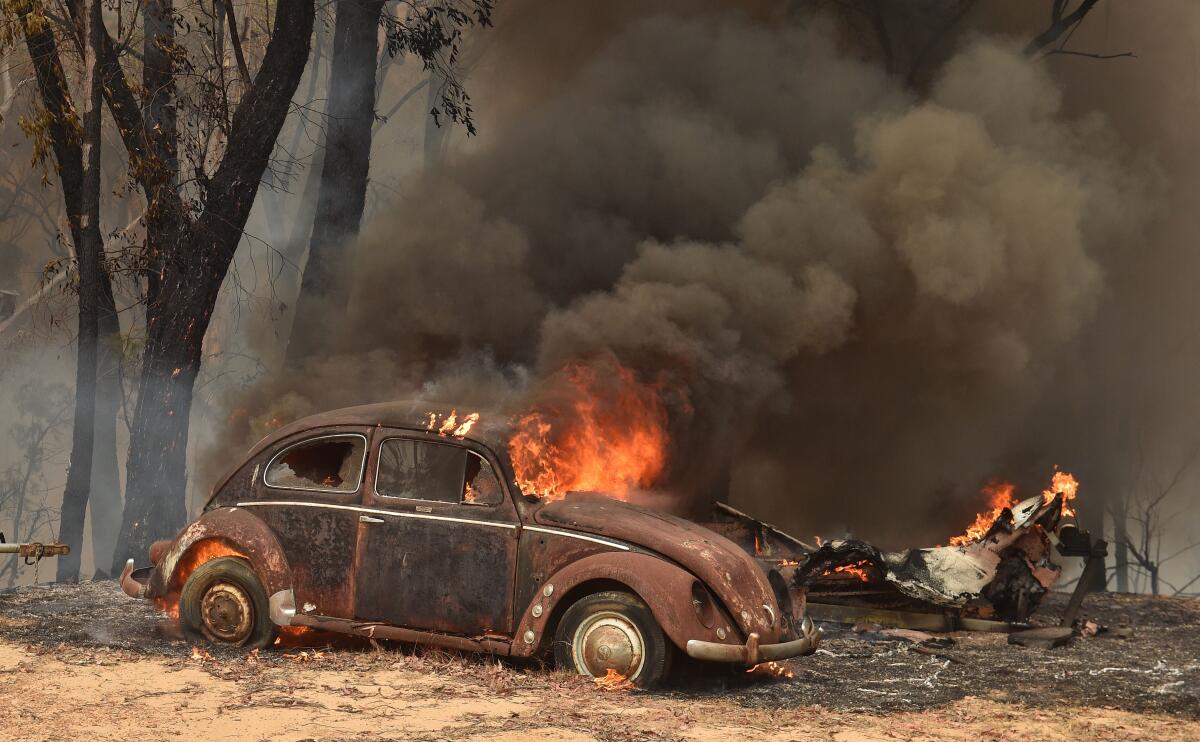 A vehicle burns in Balmoral, New South Wales