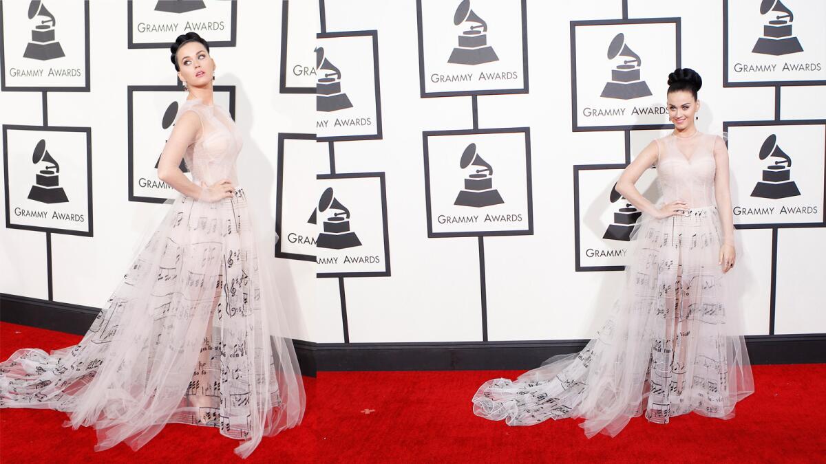 Katy Perry struck just the right note at the 2014 Grammys in a full-length Valentino Couture gown with black musical note embroidery (the score to Verdi's “La Traviata”).