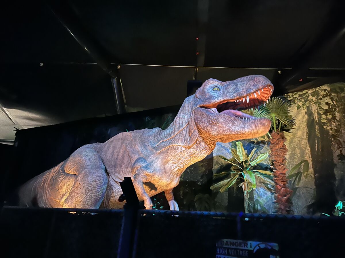 A massive and mobile animatronic Tyrannosaurus Rex in Jurassic World: The Exhibition.