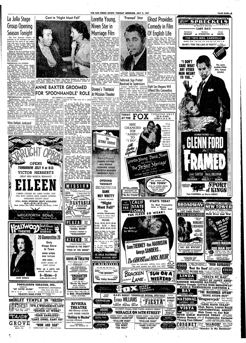 "La Jolla Stage Group Opening Season Tonight," The San Diego Union, July 8, 1947.