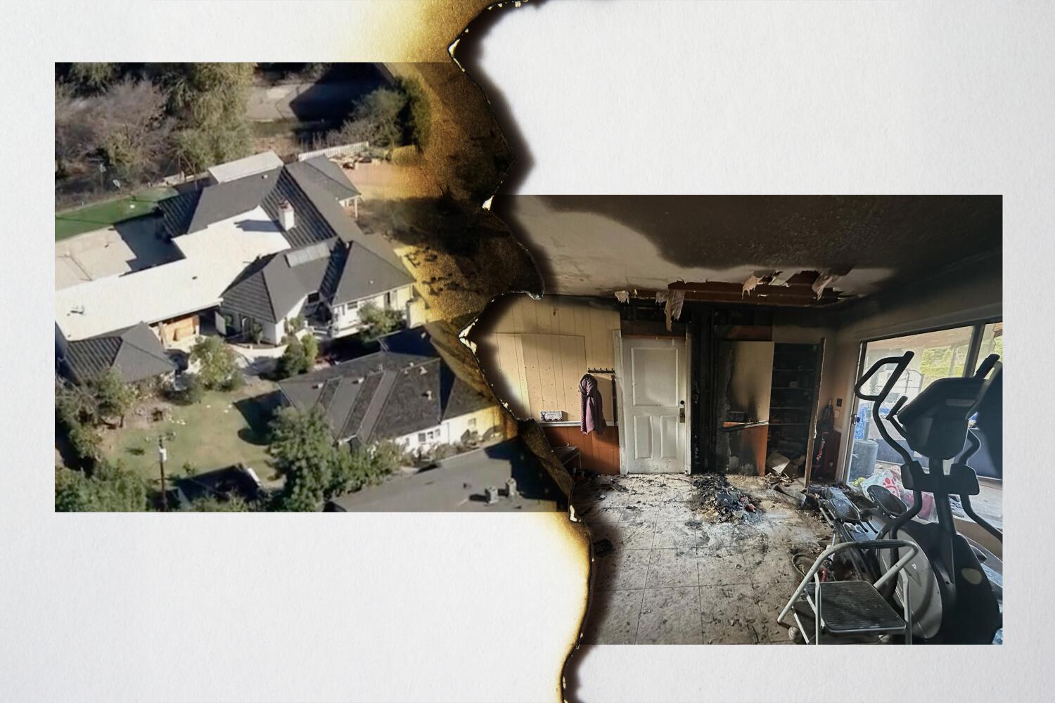 two photos of a burned home, one aerial, one interior, vertically misaligned separated by a burned paper edge.