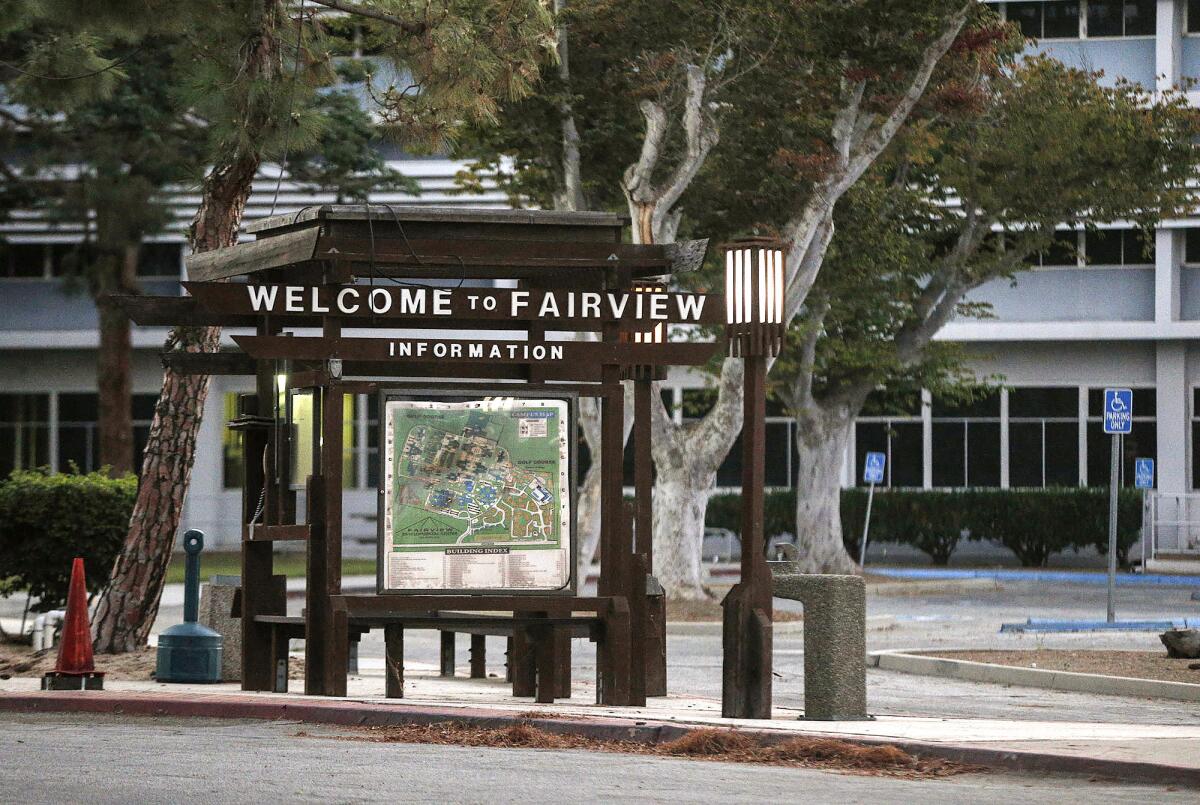 The main entrance to Fairview Developmental Center in Costa Mesa.