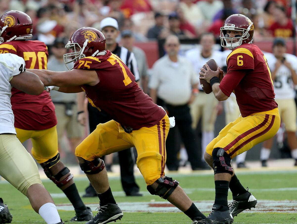 USC quarterback Cody Kessler looks downfield for a receiver against Idaho in the second quarter Saturday.