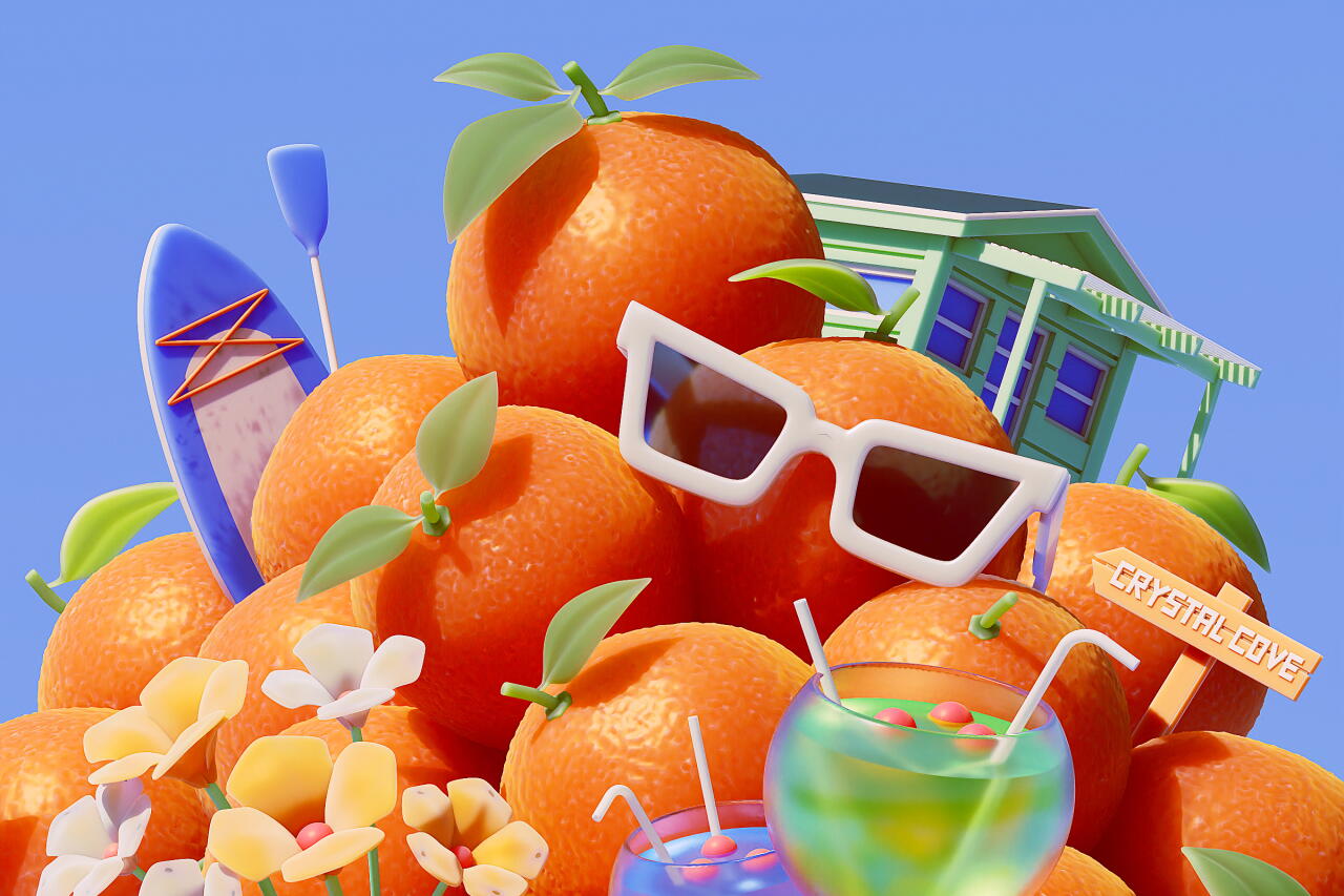 Illustration of a pile of oranges with elements from Orange County