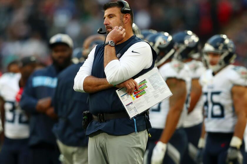LONDON, ENGLAND - OCTOBER 21: Mike Vrabel of Tennessee Titans looks on during the NFL International Series match between Tennessee Titans and Los Angeles Chargers at Wembley Stadium on October 21, 2018 in London, England. (Photo by Naomi Baker/Getty Images) ** OUTS - ELSENT, FPG, CM - OUTS * NM, PH, VA if sourced by CT, LA or MoD **