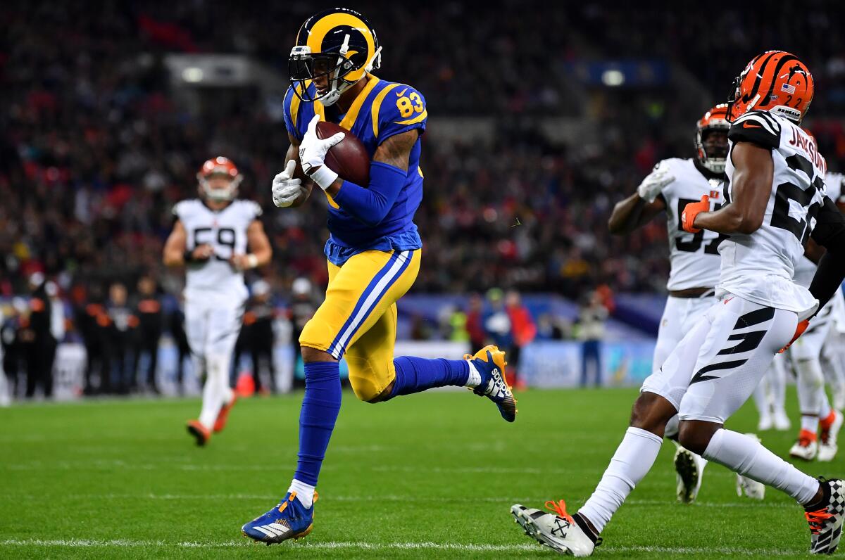 Rams receiver Josh Reynolds crosses the goal line on a 31-yard scoring pass play against the Bengals during the second quarter Sunday.