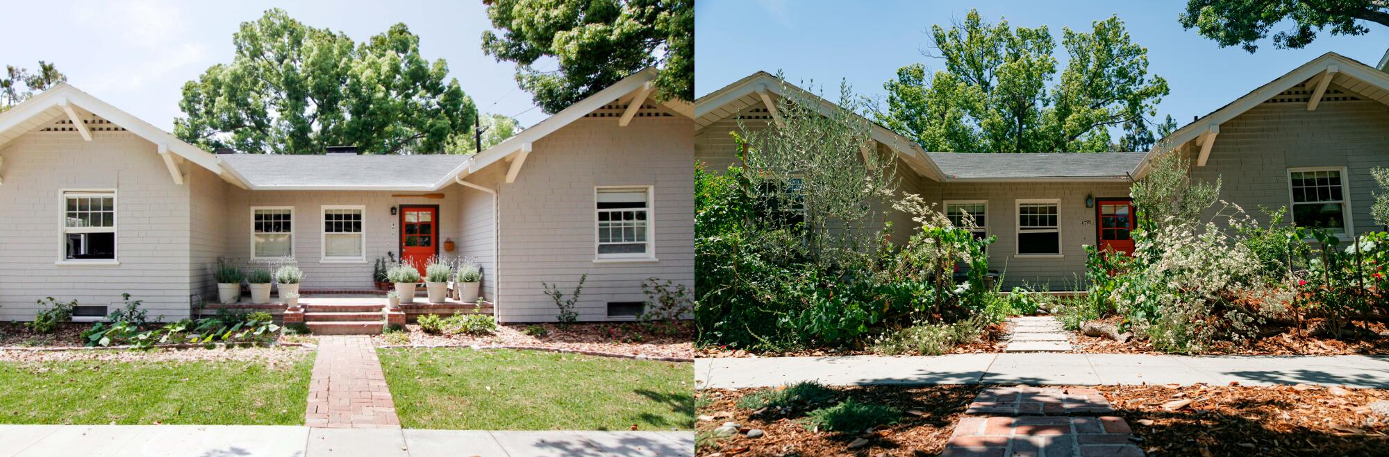 Left, a house with a green grass lawn; right, the same house with a brown mulch lawn 