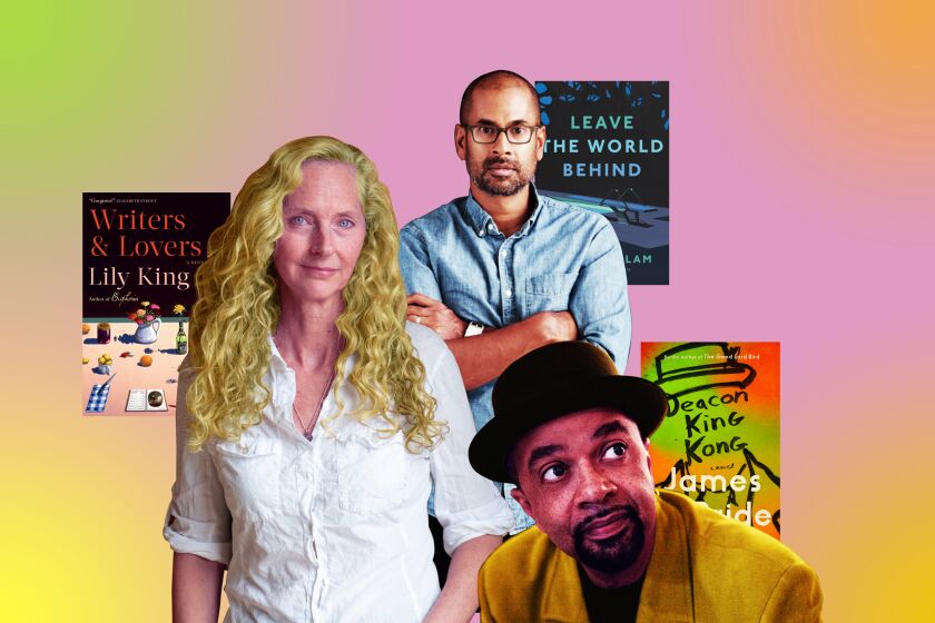(L-R)- Authors Lily King, Rumaan Alam and James McBride with their book jackets. Credit: Grove Press; Winky Lewis; David A. Land; Ecco Press; Chia Messina; Riverhead Books; Illustration by Micah Fluellen
