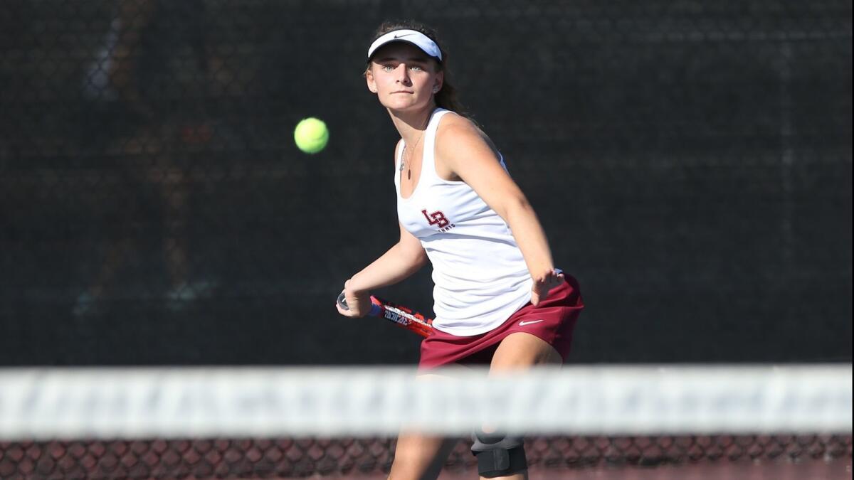 Laguna Beach High's Sarah MacCallum, pictured competing against Edison on Oct. 9, led the way to the Breakers' 12-6 upset of No. 4-seeded Rancho Cucamonga Alta Loma in the first round of the CIF Southern Section Division 3 playoffs on Wednesday.