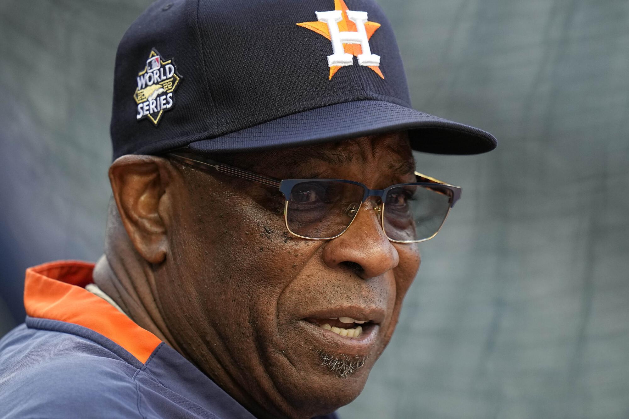Houston Astros manager Dusty Baker watches batting practice Oct. 27, 2022.
