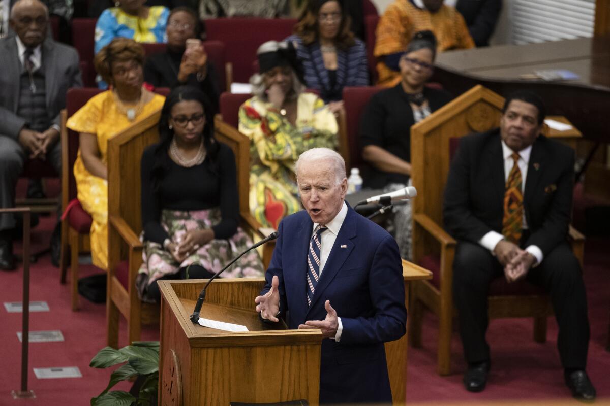 Democratic presidential candidate former Vice President Joe Biden speaks during services Sunday at Royal Missionary Baptist Church in North Charleston, S.C.