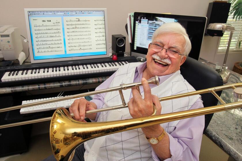 Portrait of musician Sammy Nestico at his Carlsbad home. He began his music career playing the trombone, but switched to composing and arranging.