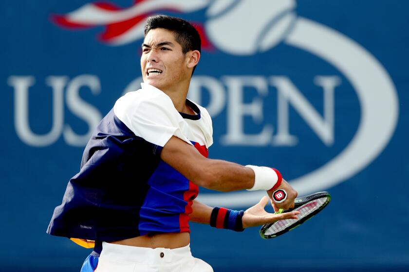 NEW YORK, NY - AUGUST 28: Thai-Son Kwiatkowski of the United States returns a shot during his first round Men's Singles match against Mischa Zverev of Germany on Day One of the 2017 US Open at the USTA Billie Jean King National Tennis Center on August 28, 2017 in the Flushing neighborhood of the Queens borough of New York City. (Photo by Matthew Stockman/Getty Images)