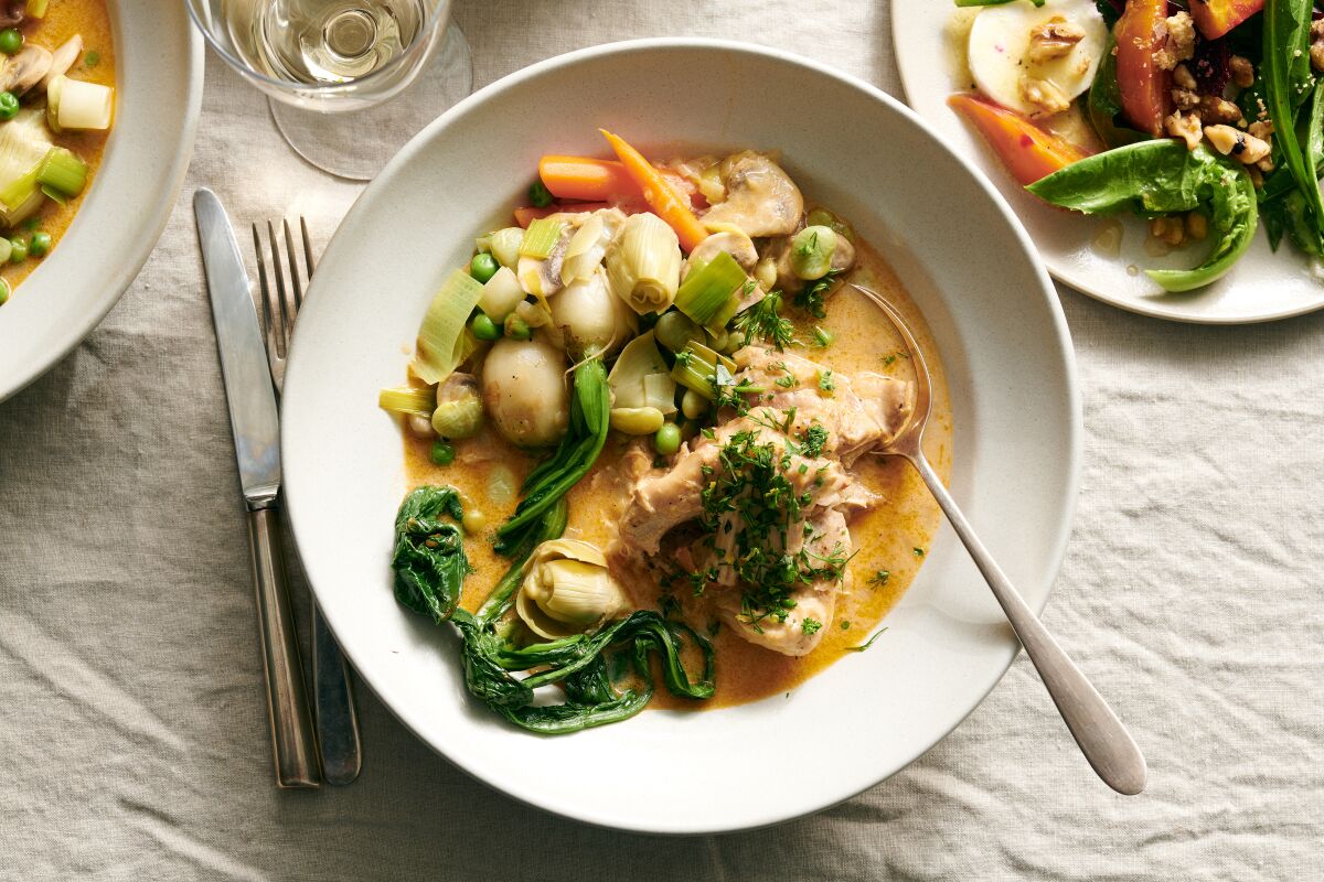 Creamy chicken and spring vegetables.