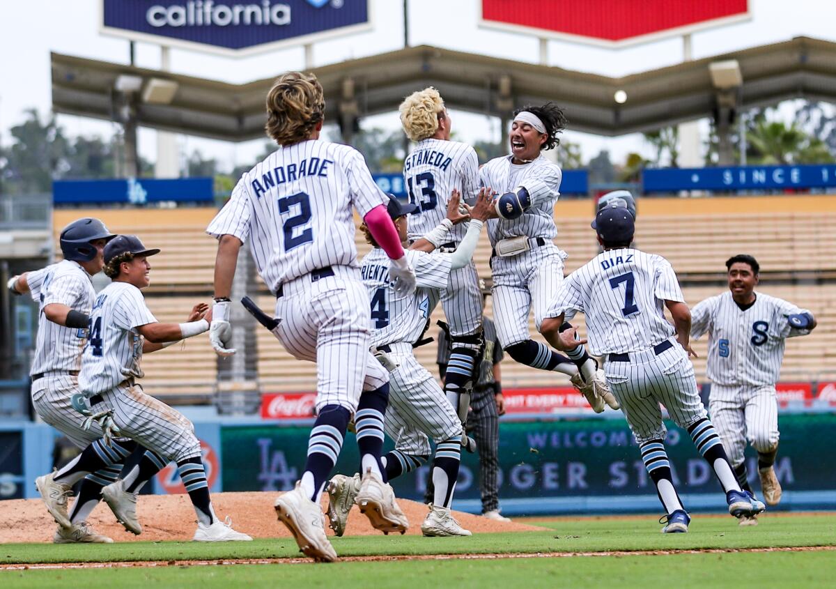 Sylmar players gather and jump on the field to celebrate after Victor Carrera's RBI single.