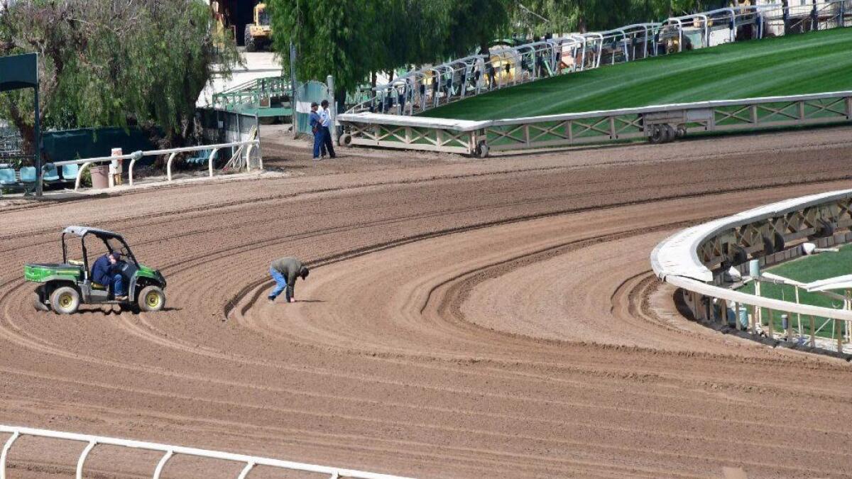 Samples and measurements are taken on the sand race track at Santa Anita Park on March 7.