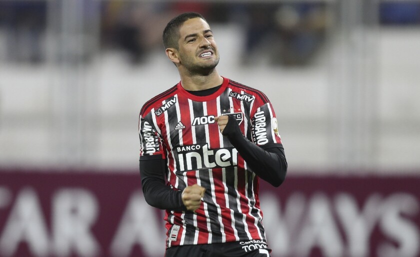 FILE - Alexandre Pato of Brazil's Sao Paulo celebrates after scoring against Peru's Binacional during a Copa Libertadores soccer match at the Guillermo Briceno Stadium in Juliaca, Peru, in this Thursday, March 5, 2020, file photo. Pato was without a club after departing São Paulo last summer but got an enticing offer from Orlando City after the team loaned Daryl Dike to Barnsley of the English Championship. (AP Photo/Martin Mejia, File)