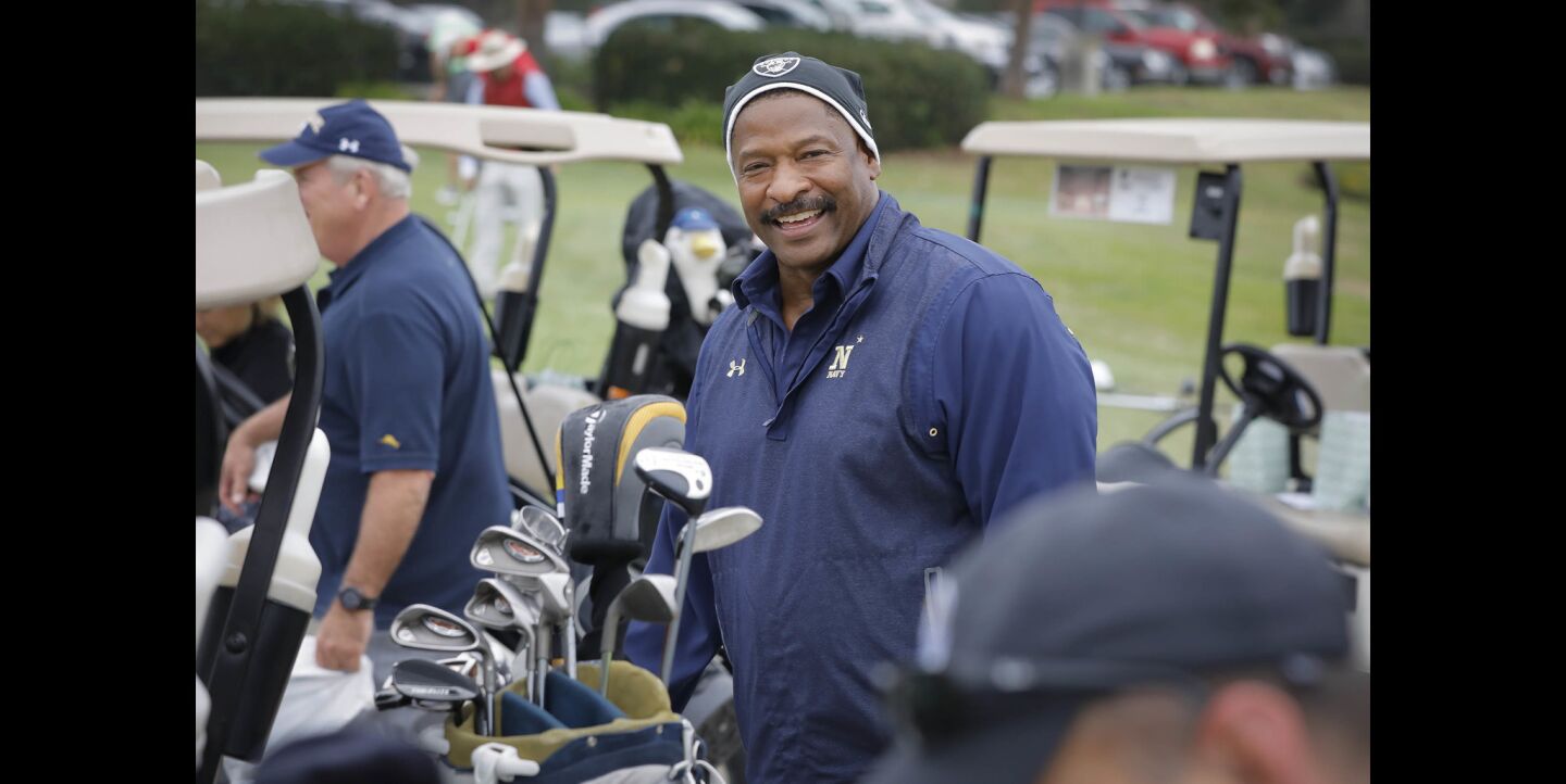 Napoleon McCallum who played football for the U.S.Naval Academy and Oakland Raiders, was in town to play in the Navy-Notre Dame Golf Tournament at the Riverwalk Golf Club in Mission Valley in advance of the football game between the two schools to be held at SDCCU Stadium, Saturday.