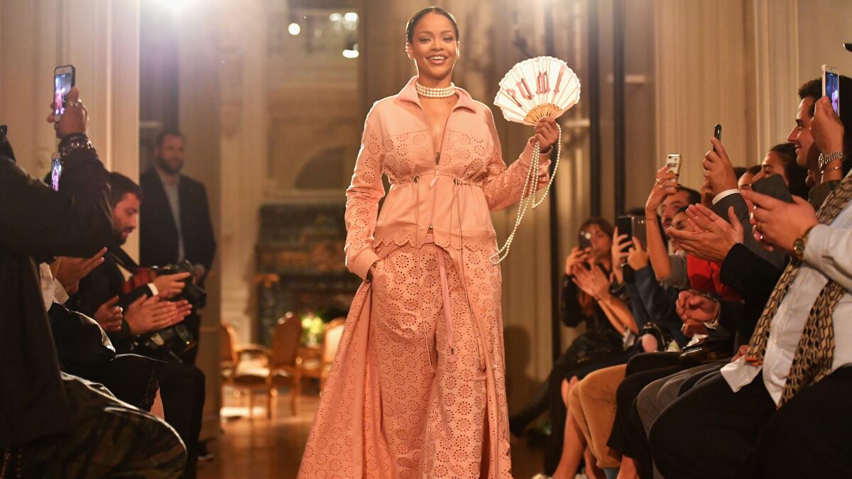 Rihanna walks the runway after the finale of her Fenty Puma collection's Paris catwalk debut Sept. 28 during Paris Fashion Week.