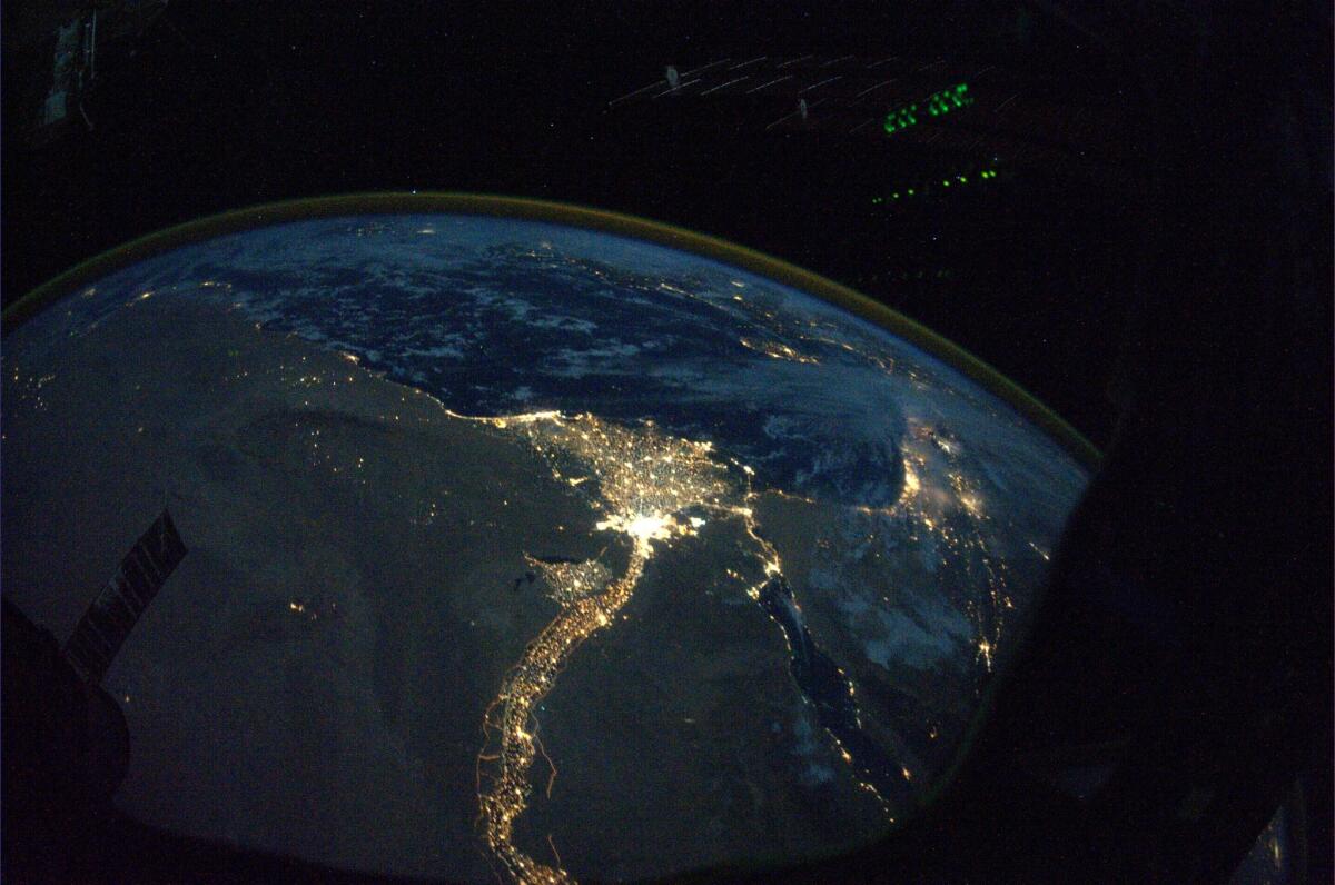 This October 2010 image provided by NASA from astronaut Douglas Wheelock shows a night view of the Nile River outflow to the Mediterranean Sea. The U.S. government shutdown has cut off commercial sharing of fresh imagery from the International Space Station for the late-night German television program "Space Night."