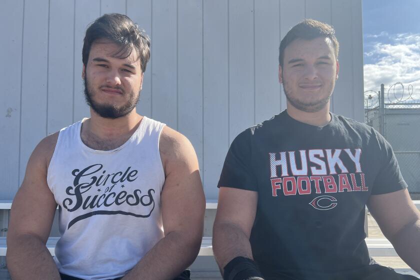 The Helton twins from Corona Centennial, 6-5, 285-pound Wade (left) and 6-5, 300-pound Brent.