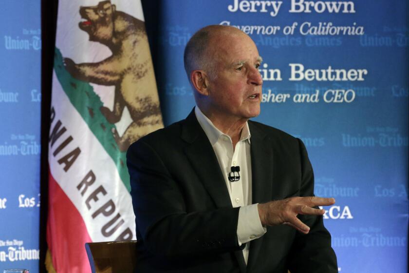 Gov. Jerry Brown talks during "Water in the West," a discussion about the California drought held at USC on Tuesday night.