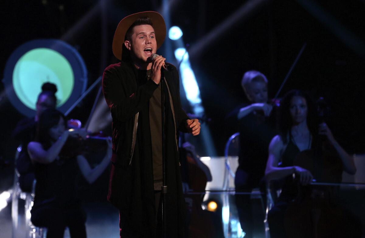 Contestant Trent Harmon performs during a dress rehearsal for "American Idol" in Hollywood.