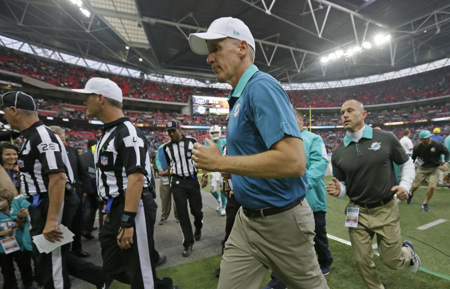 All sorts of speculation about Dolphins coach Joe Philbin's future followed Miami's lethargic 27-14 loss to the New York Jets in London. Miami has lost three games in a row to drop to 1-3. When asked whether he's worried about his job security, Philbin said: “Not at all.” Perhaps he should be.