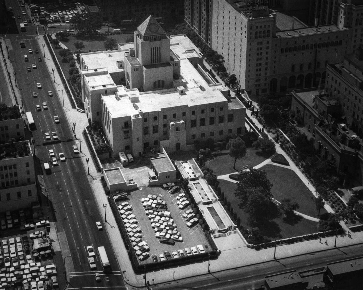 July 24, 1969: View of the Los Angeles Central Public Library taken from Union Bank Square.