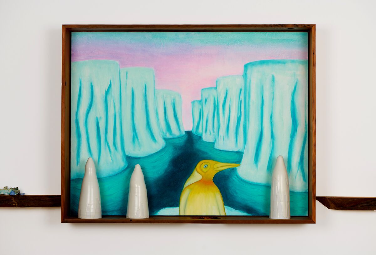 Oil on canvas with reclaimed old growth redwood frame and three porcelain sculptures.