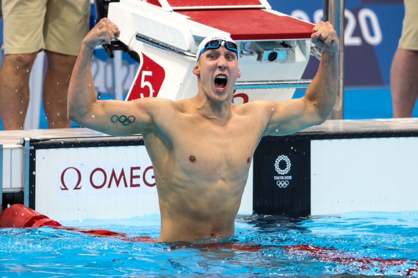 Chase Kalisz celebrates after winning the gold medal in the men's 400-meter individual medley.