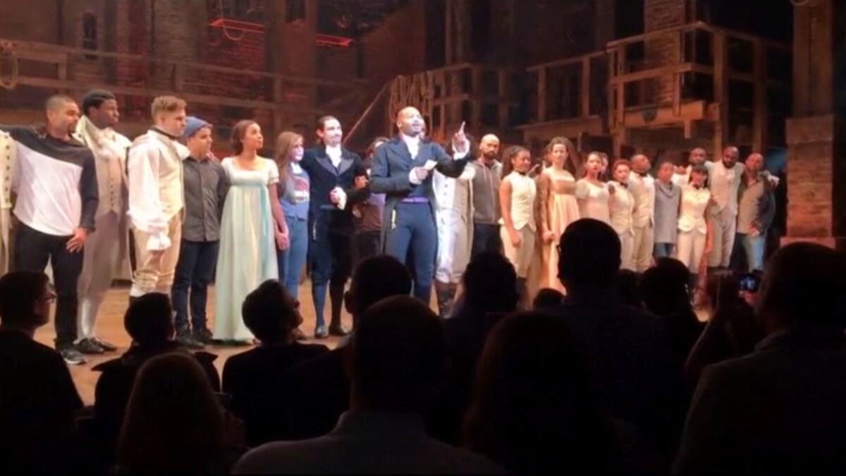 Actor Brandon Victor Dixon of the Broadway musical "Hamilton" addresses Vice President-elect Mike Pence.