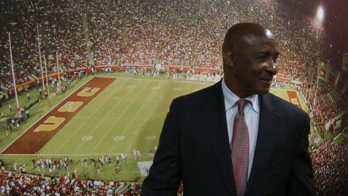 USC introduces Lynn Swann as the school's athletic director during a morning meeting in the John McKay Center on campus April 14, 2016.