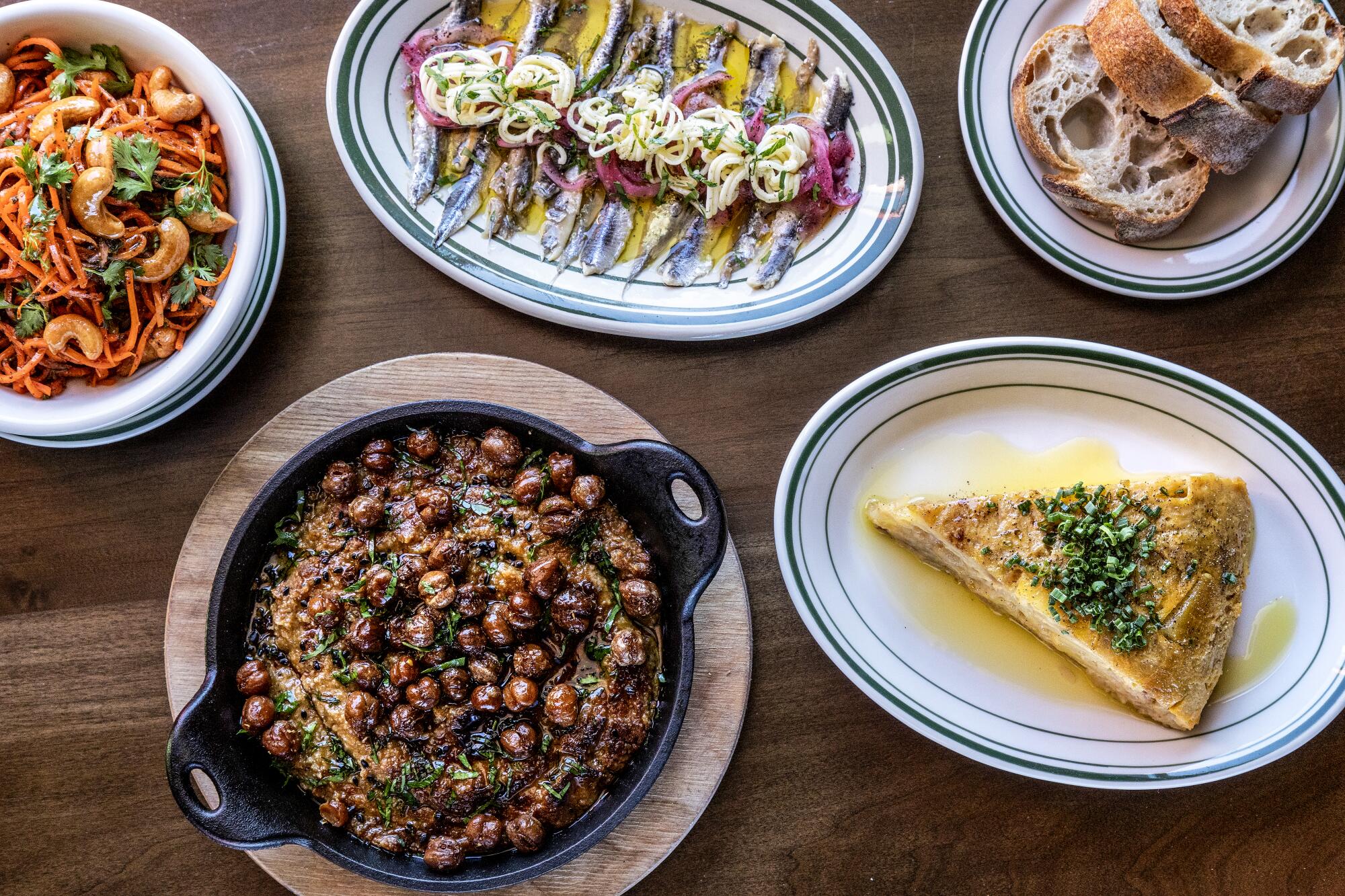 An overhead shot of five dishes 