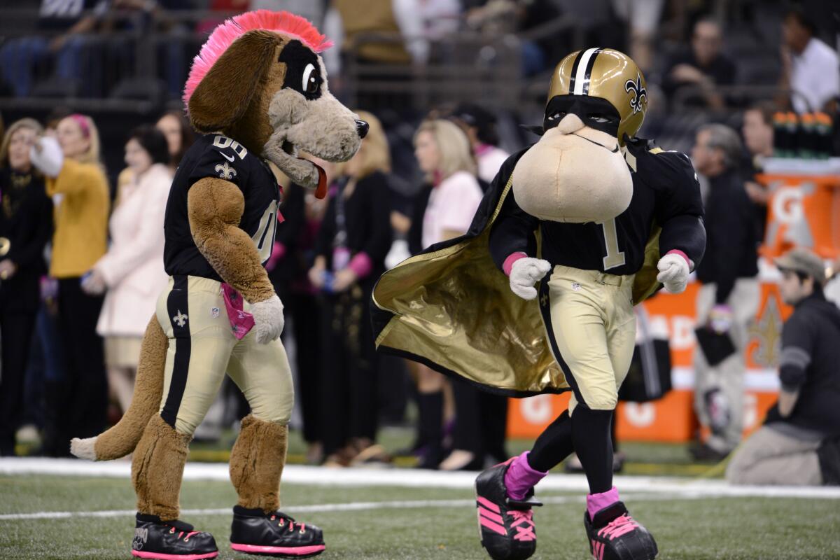 New Orleans Saints mascots are seen before of an NFL football game against the Buffalo Bills