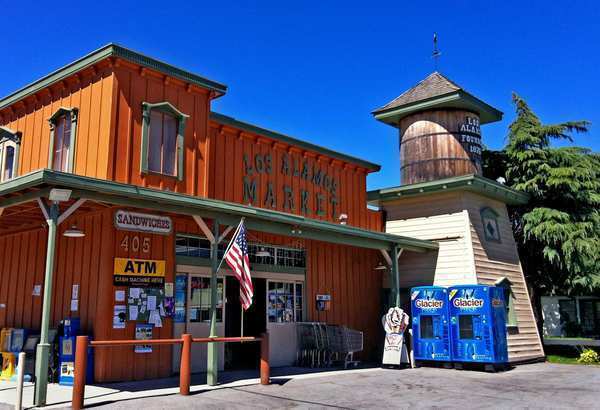 The classic Old West exterior of the Los Alamos Market, which sells a limited selection of groceries on the town's main drag.