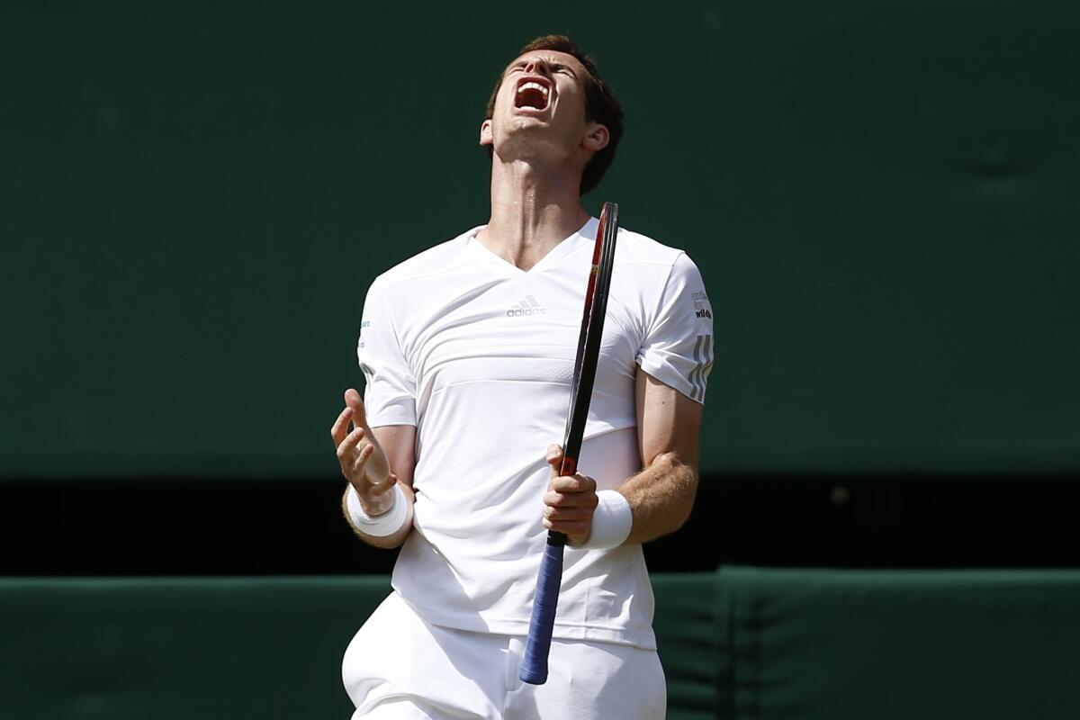 Scotland's Andy Murray reacts to losing a point against Bulgaria's Grigor Dimitrov during their quarterfinal match Wednesday at Wimbledon.