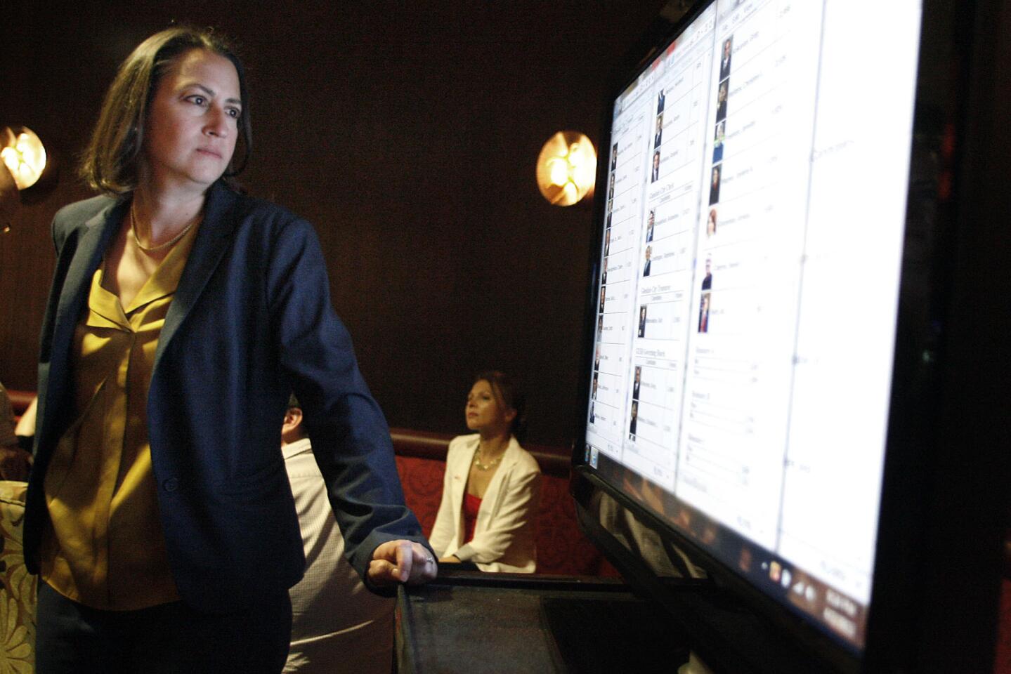 City Council Member Laura Friedman watches the results on a screen during election night, which took place at Embassy Suites in Glendale on Tuesday, April 2, 2013.