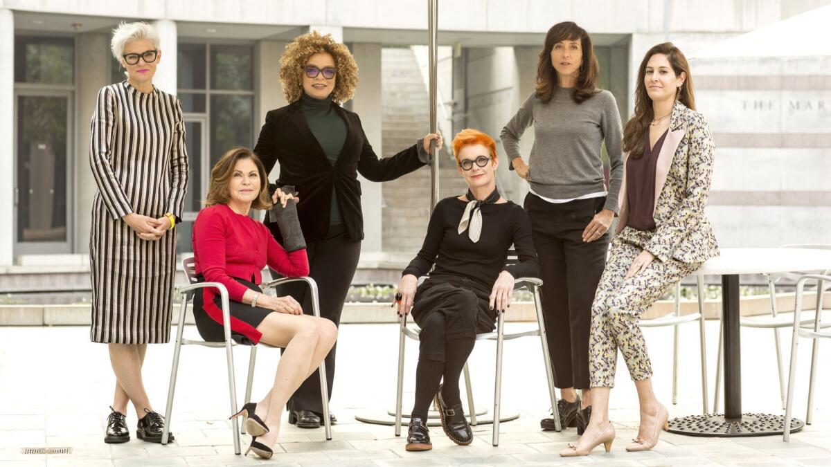 From left to right, costume designers Caroline Eselin, Colleen Atwood, Ruth Carter, Sandy Powell, Mary Zophres and Erin Benach gather for the Envelope Live roundtable event.